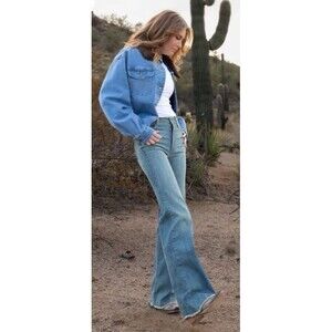 Kimes Ranch Womens Olivia Jeans 16/30 Light Blue Wash Wide Leg High Rise Raw Hem